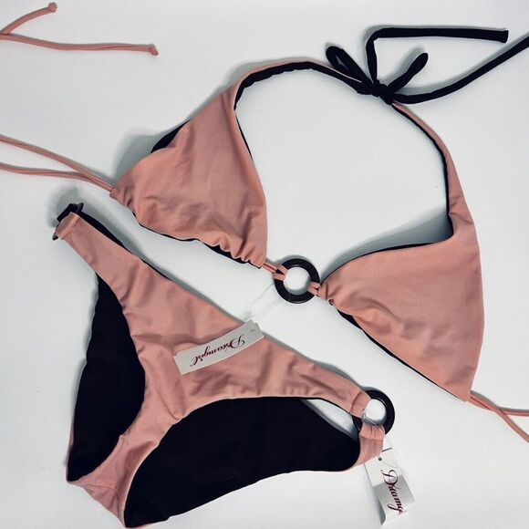 Dreamgirl: 2-in-1 Fully Reversible Pink/Brown Halter Bikini with Ring Detail​ - Picture 3 of 7